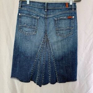 7 For All Mankind Denim Skirt 29 Studded Peacock Raw Hem Y2K Button Fly